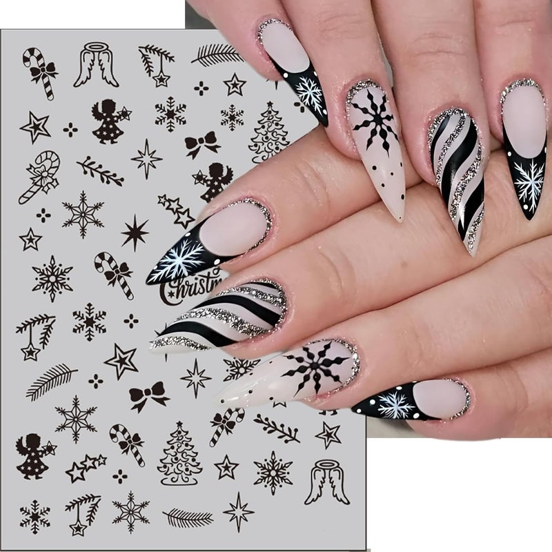 winthrop 6 Sheets Christmas Nail Stickers – Black Red Reindeer Snowflake Bow 3D Self-Adhesive Nail Art Decals for Women Girls Winter Holiday Manicure Decorations - Image 2